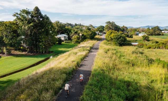 Aerial view of cyclers on the Northern Rivers Rail Trail