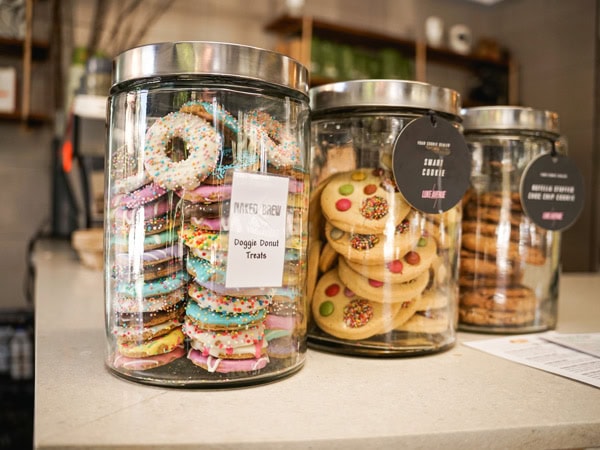 cookies and doggie donut treats in jars at Naked Brew, Sydney