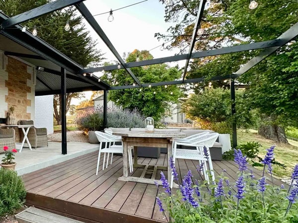 the outdoor deck of Ode to the Orchard Airbnb