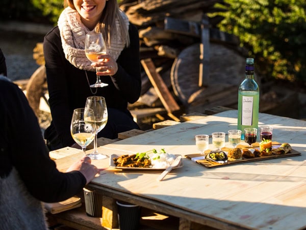 guests enjoying food and drinks at Bush Devine Winery, Paulett Wines in Polish Hill