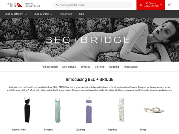 the homepage of BEC + BRIDGE on the Qantas Marketplace