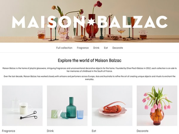 the homepage of Maison Balzac