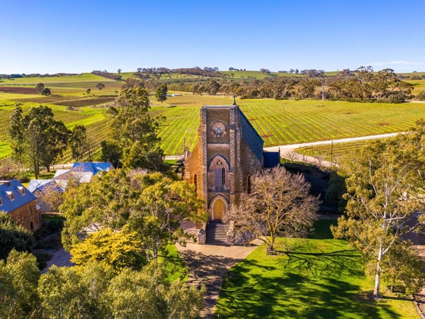 the St Aloysius church and lush gardens at Sevenhill Cellars