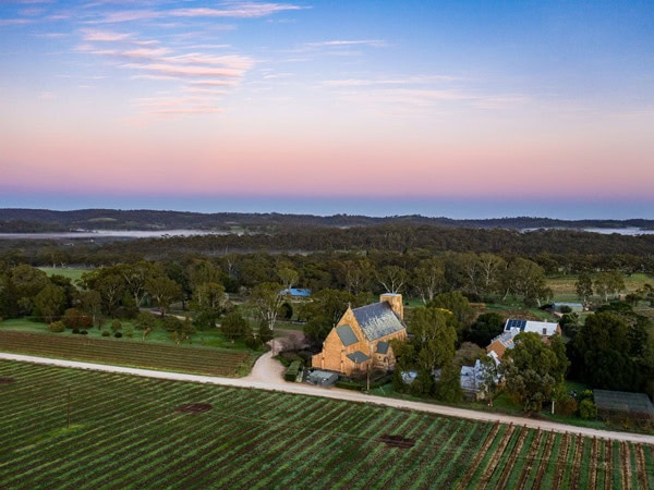 an aerial view of Sevenhill Cellars at sunrise