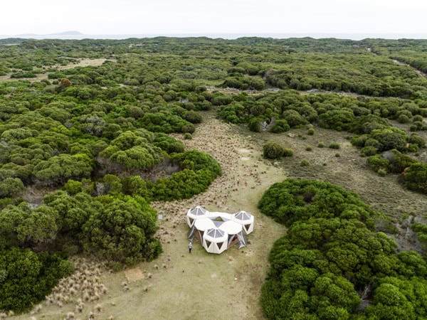 an aerial view of tents on Flinders Island