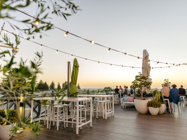 the rooftop bar with fairy lights in The National Hotel, Fremantle at sunset