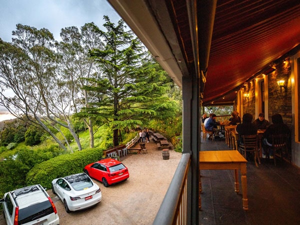 dining on the balcony of The Scenic Hotel restaurant, Adelaide Hills