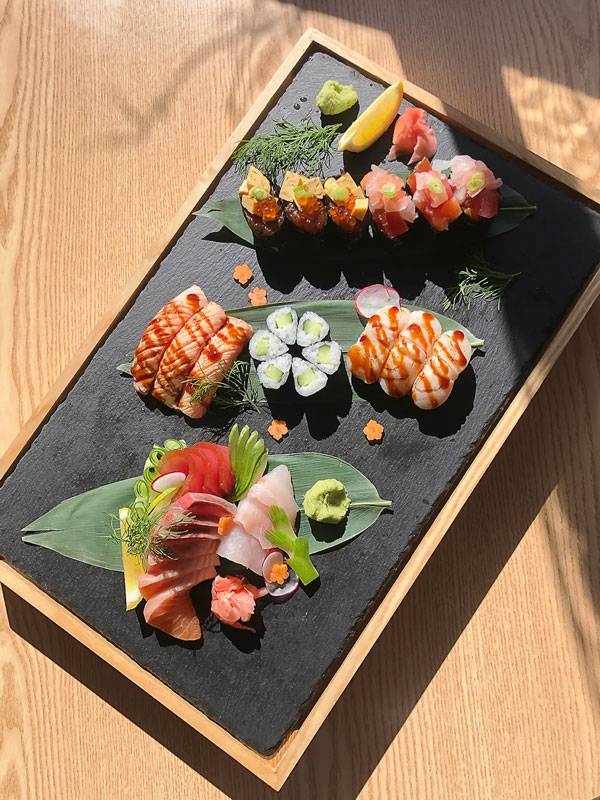 a Japanese food platter on the table at Yuki in the Hills