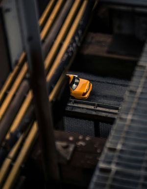 glimpse of a taxi crossing a bridge