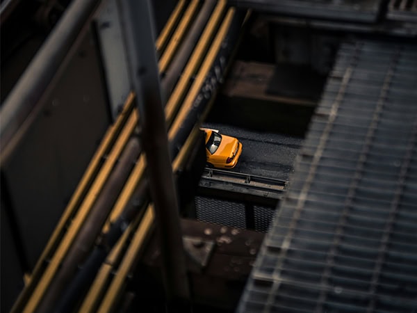 glimpse of a taxi crossing a bridge