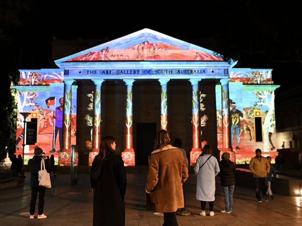 people flock outside the light-filled Art Gallery of South Australia during the Tarnanthi Festival of Indigenous Arts