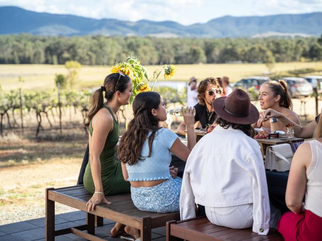 a group enjoying drinks among the vines at Pokolbin Cider House, Hunter Valley