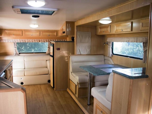 a look inside one of the modern caravans at Longford Riverside Caravan Park, Launceston