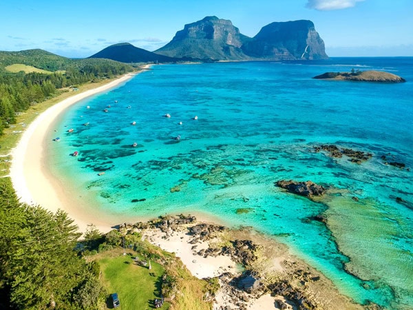 an aerial view across Lord Howe Island to Mount Gower