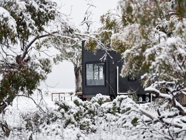 the snow-covered Tiny Luxury Escape accommodation in Jindabyne