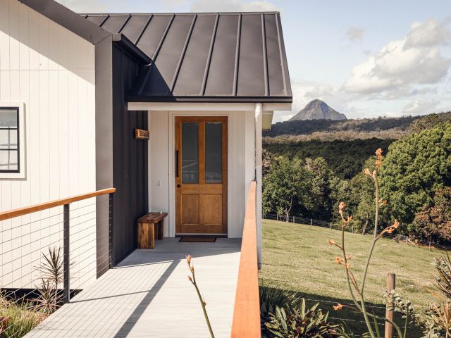 the view of Glass House Mountains from Seven Peaks Farm Stay, Sunshine Coast Hinterland