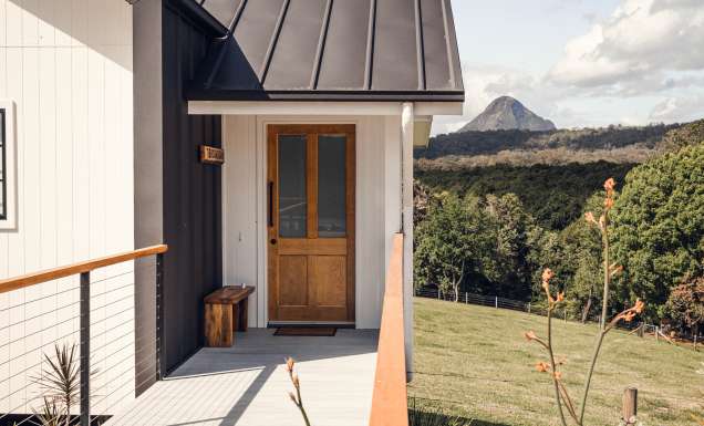the view of Glass House Mountains from Seven Peaks Farm Stay, Sunshine Coast Hinterland