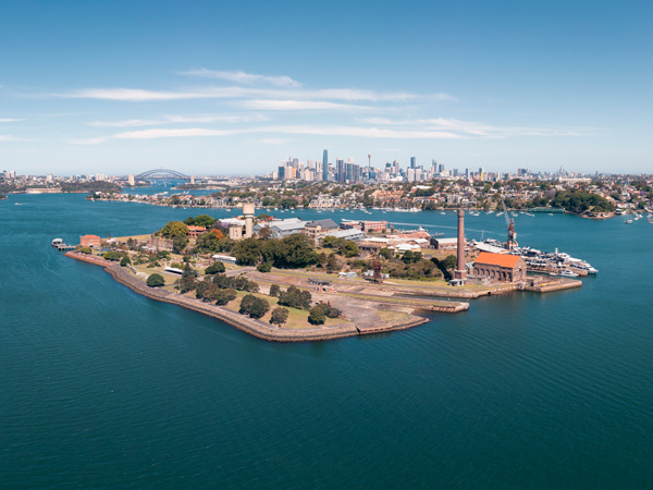an aerial view of Cockatoo Island, Sydney Harbour