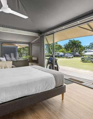 the glamping tent at Tasman Holiday Park Airlie Beach