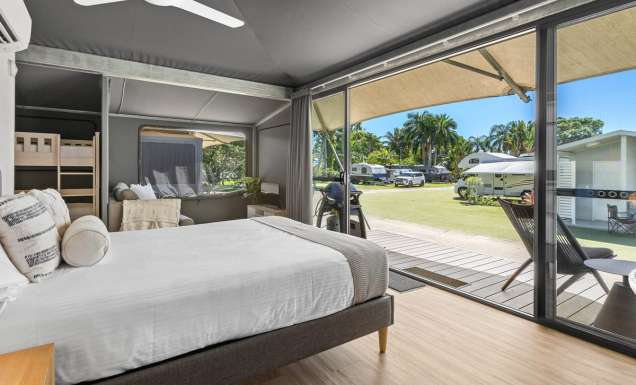 the glamping tent at Tasman Holiday Park Airlie Beach