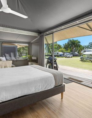 the glamping tent at Tasman Holiday Park Airlie Beach