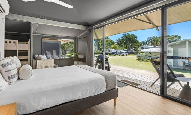 the glamping tent at Tasman Holiday Park Airlie Beach