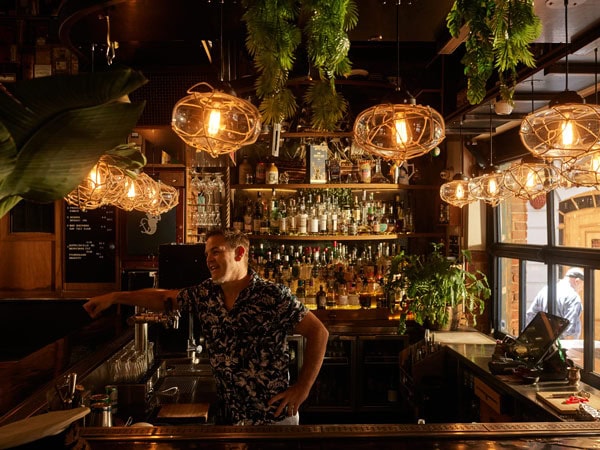 a bartender standing by the dimly lit counter inside Hains & Co, Adelaide