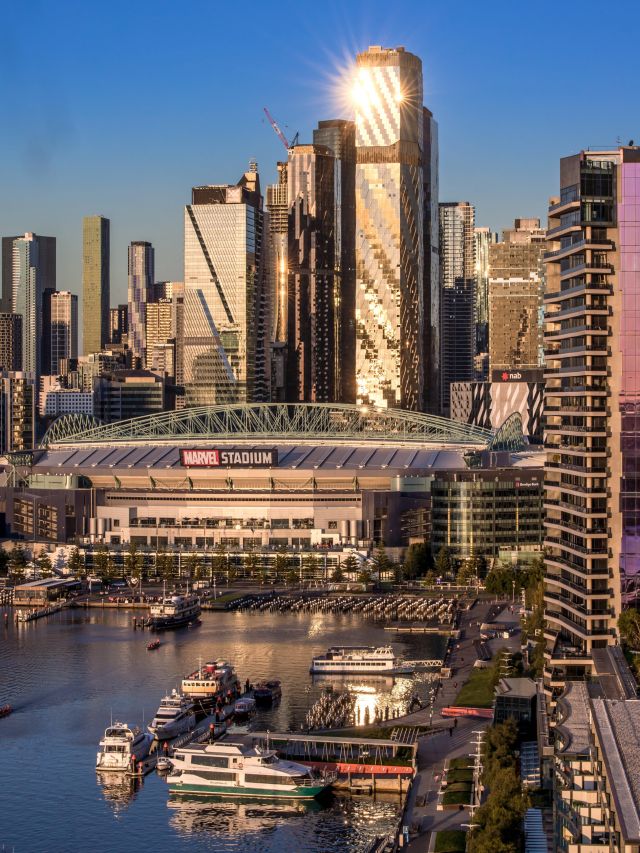 the Marvel Stadium and surrounding skyscrapers, Docklands, Melbourne suburbs