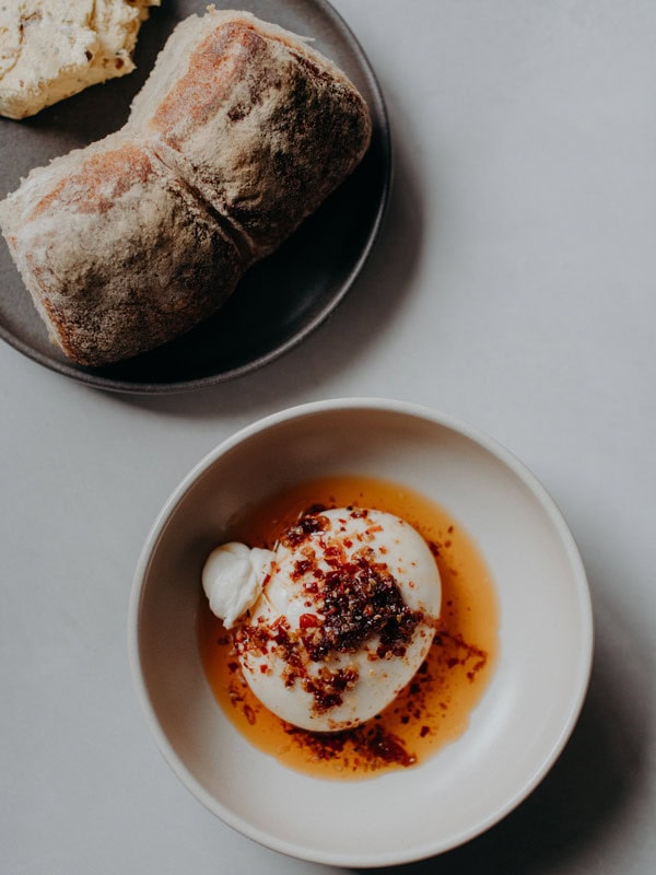 Burrata and bread at No.35 Kitchen & Bar Cabarita Beach