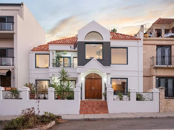 the front facade of this two-story Royal waterfront in Perth