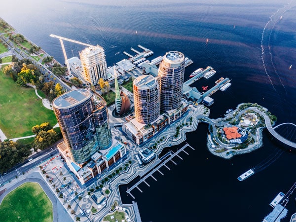 an aerial view of Ritz Carlton Perth within the waterfront precinct of Elizabeth Quay