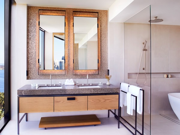 a modern marble bathroom at Ritz Carlton Perth