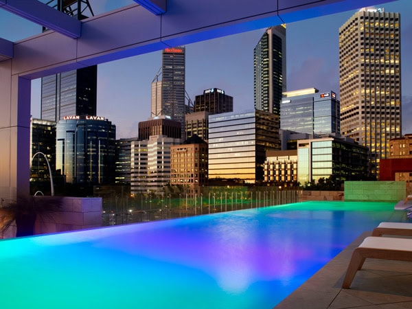 the colourful infinity pool at night, Ritz Carlton Perth