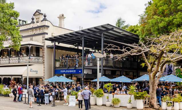 people chilling out at the beer garden of The Plough Inn, South Bank