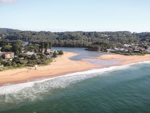 an aerial view of Avoca Beach on the Central Coast