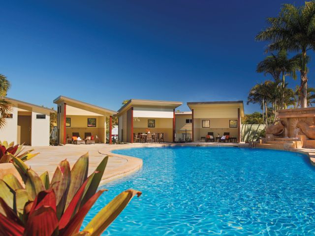 poolside cabanas at Brisbane Holiday Village, Eight Mile Plains