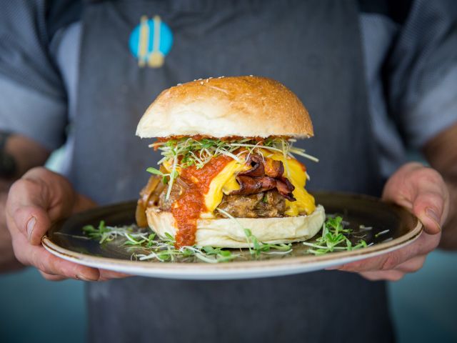 a burger at Patissez Café & Bakery