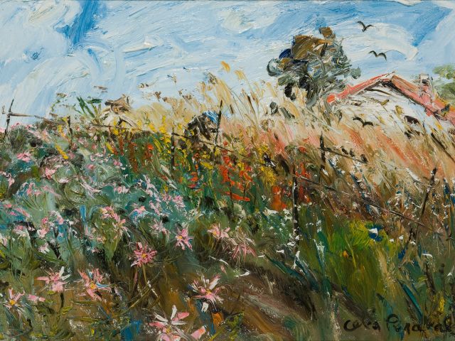 Celia Perceval, Tending the flower farm near Dural, 1994-95, oil on board. Bundanon Collection.