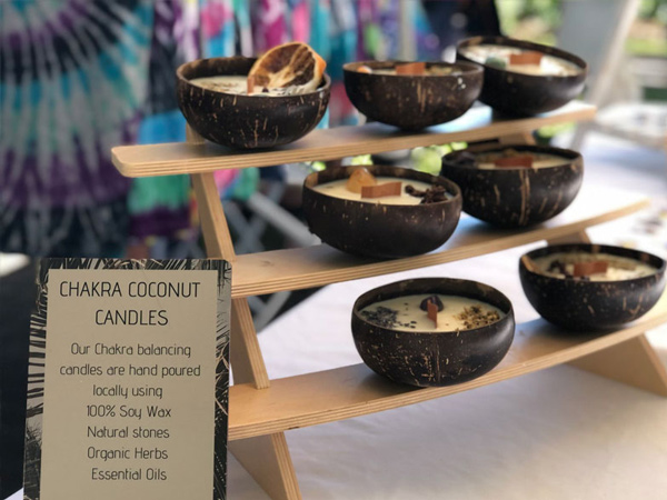 chakra coconut candles at Palm Cove Markets