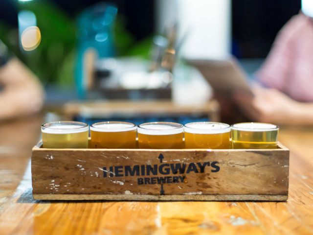 a beer tasting flight at Hemingway's Brewery