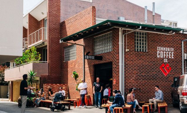 people sitting on al fresco chairs outside Community Coffee Co, Perth