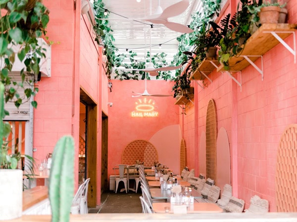 the pink-hued interior of Hail Mary, Burleigh Heads