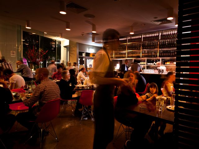 dark and moody interior at Beccofino Italian restaurant, Brisbane