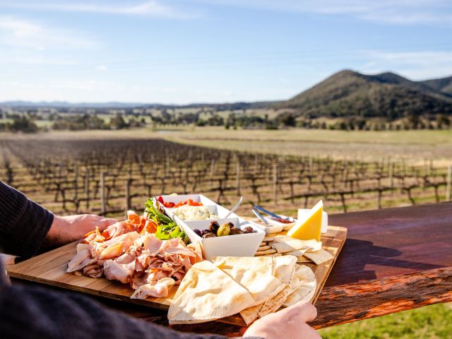 Food platter with scenic country views across the Moothi Estate vineyards, Mudgee.