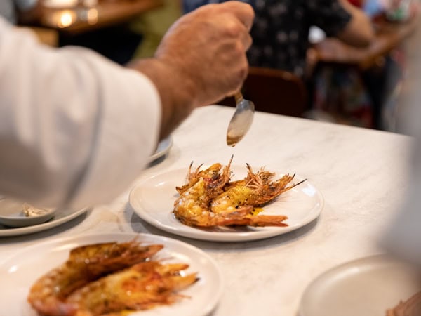 shrimps on a plate at Restaurant Labart, Burleigh Heads