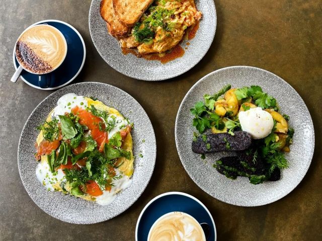 breakfast plates with coffee at Mount Street Breakfast Bar, Perth