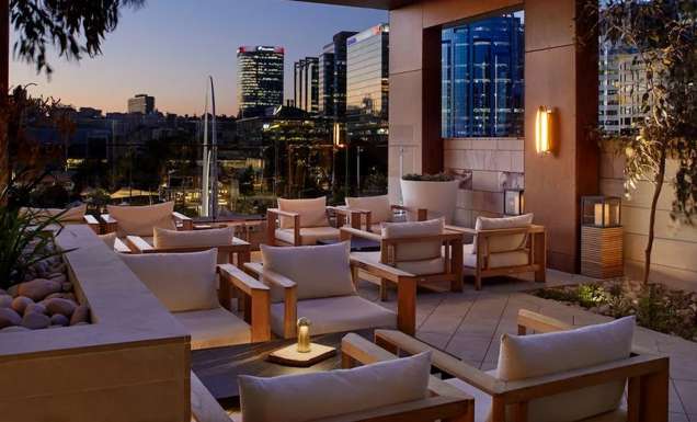 A rooftop bar at night
