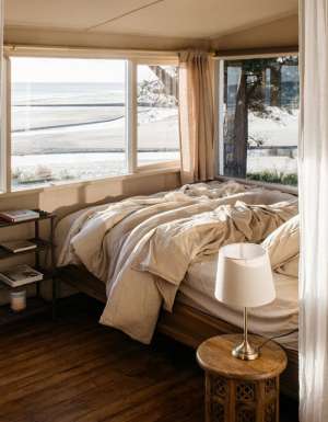 Inside the bedroom of Arku House in Tasmania