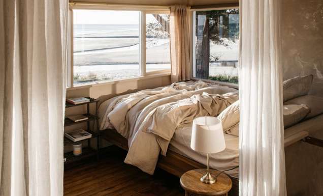 Inside the bedroom of Arku House in Tasmania