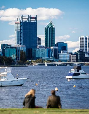 the Perth city skyline as seen from Matilda Bay
